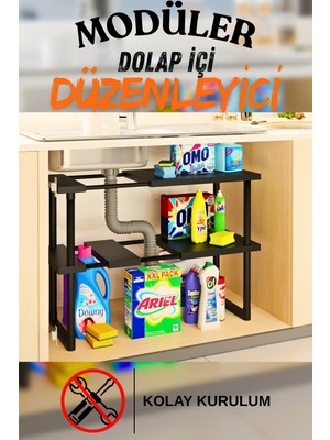 İndecor Houseware Plastik Genişletilebilir Raf Ayarlanabilir Düzenleyici Mutfak Banyo Düzenleyici - Çift Katlı - Siyah