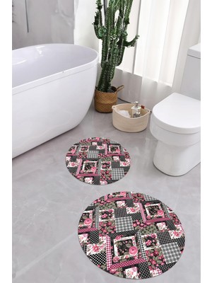 PremiumPort Yıkanabilir Çiçek Desenli Yuvarlak Banyo Paspası ve Klozet Takımı