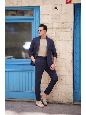 Modefendicom %100 Pamuk Keten Modern Fit Örgü Kemer Detaylı Keten Takım Elbise