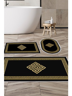 PremiumPort Yıkanabilir 3'lü Banyo Paspas Seti, Kaymaz Taban, Modern Gold Tasarım