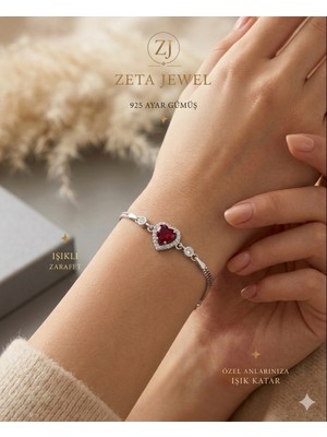 Zeta Jewel 925 Ayar Gümüş Kırmızı Kalp Taşlı Bileklik Hediye Kutulu Zarif