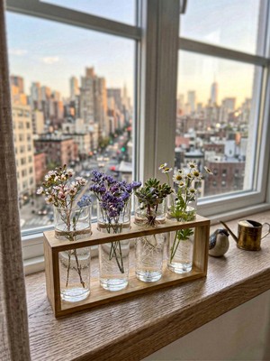 Özgürce Şık 4'lü Bambu Standlı Cam Dekoratif Vazo Çiçeklik Organizer Seti