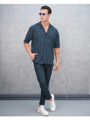 Modefendicom Fitil Desenli Oversize Kısa Kollu Gömlekli Takım