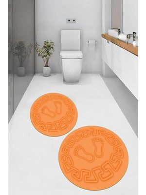 PremiumPort Yıkanabilir Ayak Izi Desenli Yuvarlak Banyo Paspası, 2'li Klozet Takımı