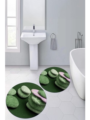 PremiumPort Yıkanabilir 3D Dijital Baskılı Yuvarlak Banyo Paspası 2'li Takım