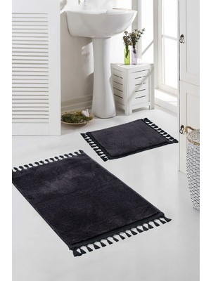 PremiumPort Yıkanabilir Premium Kaymaz Taban Post Peluş Banyo Paspası 2'li Takım Siyah