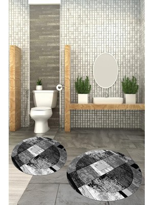 PremiumPort Yıkanabilir, Kaymaz, Baskılı, Yuvarlak Banyo Paspası, 2’li Klozet Takımı