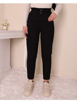 Moda Morfo Beli Lastikli Yüksek Bel Kot Pantolon  -Siyah