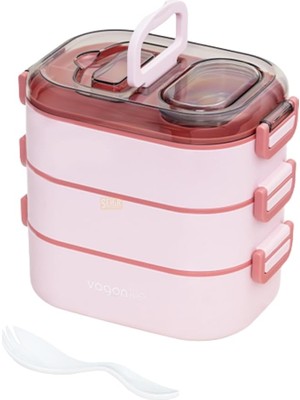 Leaf Shop Bento 1450ML Lunchbox Üç Katlı 5 Bölmeli ve Mini Sosluklu Çelik Sefer Tası Yemek Kutusu (Pembe)
