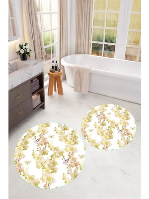 PremiumPort Yıkanabilir Çiçek Desenli Yuvarlak Banyo Paspası 2'li Set