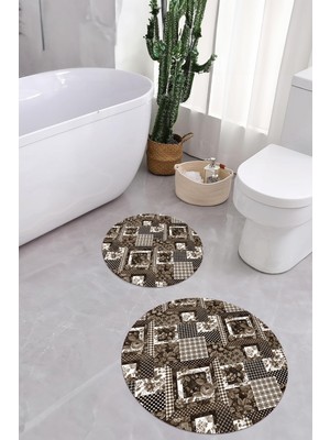 PremiumPort Yıkanabilir Çiçek Desenli Yuvarlak Banyo Paspası ve Klozet Takımı