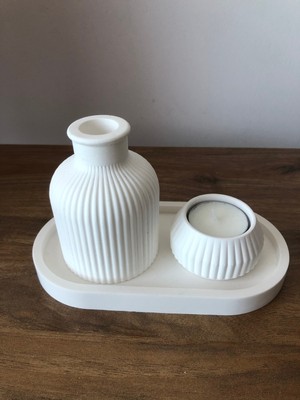 Özgürce Şık Beyaz Vazo ve Mumluk Seti, 3 Parça, Modern Dekorasyon Aksesuarı