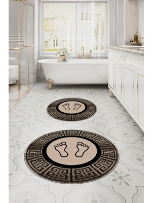 PremiumPort Dijital Yıkanabilir Çerçeveli Ayak Baskılı Yuvarlak Banyo Paspası Klozet Takımı