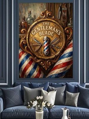 Özgürce Şık Kanvas ve Mdf Ahşap Dekoratif Berber Tabelası, Modern ve Çekici Tasarım