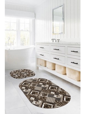 Özgürce Yıkanabilir Çiçek Desenli Oval Banyo Paspası ve Klozet Takımı Seti