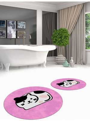 PremiumPort 3D Dijital Yıkanabilir Kaymaz Kedi Desenli Banyo Halısı ve Klozet Takımı