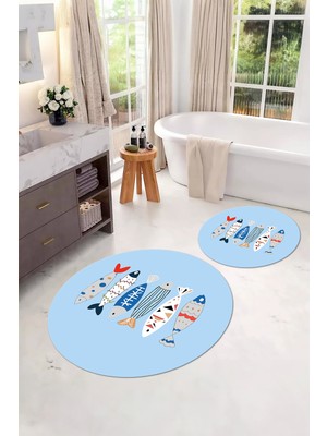 PremiumPort Renkli Balık Desenli Dijital Yıkanabilir Yuvarlak Banyo Paspası Klozet Takımı