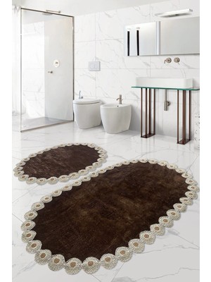 PremiumPort Gülruba Oval Kahve Dantelli Çeyizlik Banyo Paspası 2'li Set, Kaymaz Tabancı