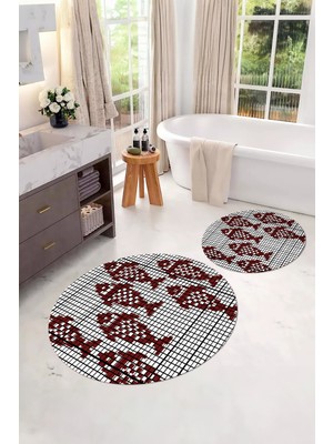 PremiumPort Dijital Yıkanabilir Kaymaz Taban Balık Modeli Yuvarlak Banyo Paspası Klozet Takımı