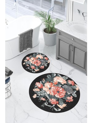 PremiumPort Yıkanabilir, Kaymaz Taban, Çiçek Desenli Yuvarlak Banyo Paspası Seti