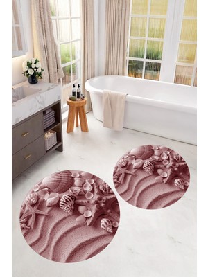 PremiumPort Dijital Baskılı 3D Kaymaz Taban Yıkanabilir Yuvarlak Banyo Paspası 2'li Set