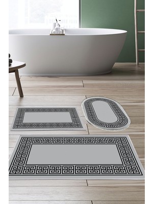 PremiumPort Modern 3'lü Banyo Paspas Takımı, Kaymaz Keçe Taban, Şık Oval Tasarım