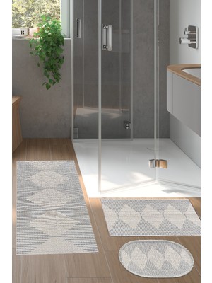 PremiumPort Yıldız Deri Kaymaz Taban 3’lü Banyo Paspas Takımı, Oval, Lacivert