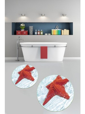 PremiumPort 3D Baskılı Kaymaz Taban Yuvarlak Banyo Paspası 2’li Klozet Takımı