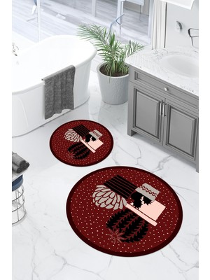 PremiumPort Yıkanabilir Modern Kaktüs Desenli Yuvarlak Banyo Paspası Klozet Takımı