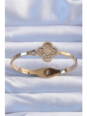 Ronanna 316L Çelik Altın Renk Zirkon Taşlı Simli Yonca Kelepçe