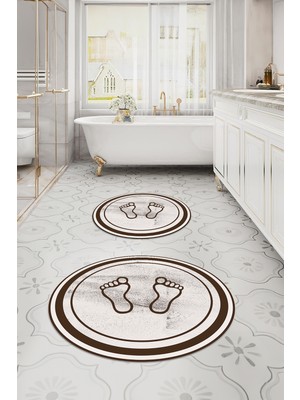 PremiumPort Yıkanabilir Kaymaz Taban Ayak Baskılı Yuvarlak Banyo Paspası Klozet Takımı