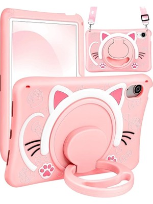 Misda Store Ipad (A16) 2025 ile Uyumlu Çocuklar ile Uyumlu Askılı Standlı 3D Kedi Figürlü Silikon Kılıf, Pembe