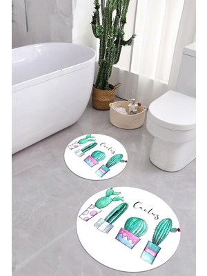 PremiumPort Yıkanabilir Kaymaz Taban Kaktüs Desenli Yuvarlak Banyo Paspası Seti