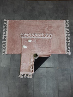 PremiumPort Pembe Ponpon Peluş Banyo Paspası ve Klozet Takımı, Kaymaz Taban, 2’li Set