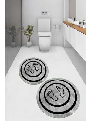 PremiumPort Yıkanabilir Ayak Izi Desenli Yuvarlak Banyo Paspası 2'li Takım