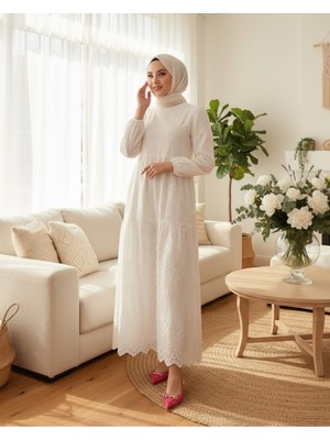 Moda Morfo Kolu Lastikli Parçalı Elbise -Beyaz