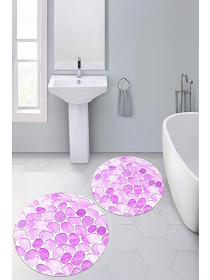 PremiumPort Dijital Baskılı 3D Yıkanabilir Yuvarlak Banyo Paspası 2'li Set