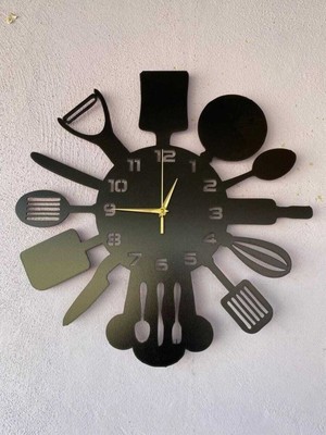Özgürce Siyah Ahşap Dekoratif Mutfak Temalı Sessiz Duvar Saati 40CM