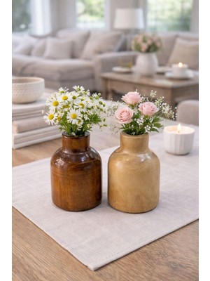 Özgürce Doğal Ahşap Dekoratif Vazo Seti 2’li, Rustik ve Modern Masa Üstü Çiçeklik
