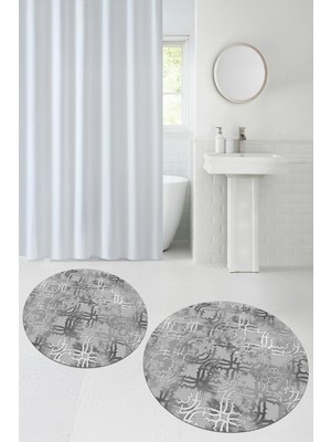 PremiumPort Yıkanabilir, Kaymaz, Baskılı Yuvarlak Banyo Paspası, 2'li Klozet Takımı