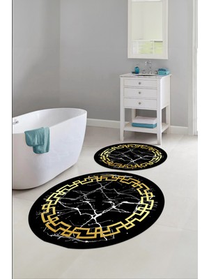 PremiumPort Yıkanabilir Mermer Desenli Yuvarlak Banyo Paspası ve Klozet Takımı