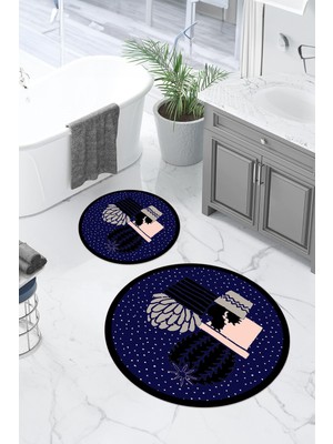 PremiumPort Modern Yuvarlak Kaktüs Desenli Banyo Paspası ve Klozet Takımı