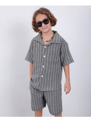 Arya Nisa Kids Erkek Çocuk Keten Çizgili Şort Gömlek Takım
