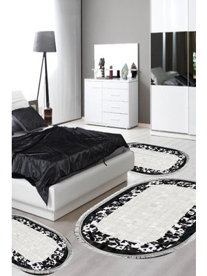 PremiumPort Yıkanabilir Kaymaz Taban Oval 3'lü Yatak Odası Takımı, Modern Siyah