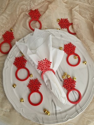 Özgürce Yılbaşı Temalı 8'li Kırmızı Kar Tanesi Peçete Halkası, Sert Plastikten