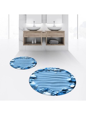PremiumPort Yıkanabilir Dijital Baskılı Yuvarlak Ikili Banyo Paspas Takımı Mavi