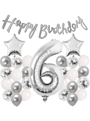 Konsept Dogum Gunu Kutlama Seti Beyaz Gumus Konfetili Balon Rakam Yıldız Folyo ve Banner (6 Yaş)