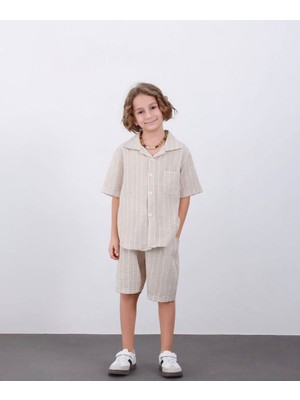 Arya Nisa Kids Erkek Çocuk Keten Çizgili Şort Gömlek Takım
