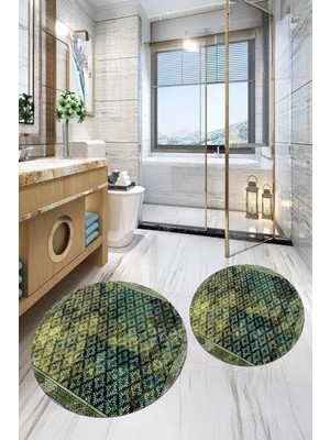 PremiumPort Yıkanabilir Dijital Baskılı Yuvarlak Banyo Paspası Çift Takım