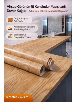 Özgürce Ahşap Görünümlü Kendinden Yapışkanlı Duvar Kaplaması, 5m x 60CM, Dekorasyon